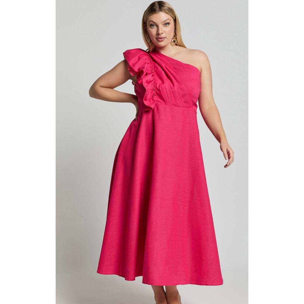 SHOWPO Dixie Midi Dress One Shoulder Midii Gown Neon Hot Pink Raspberry Size 14